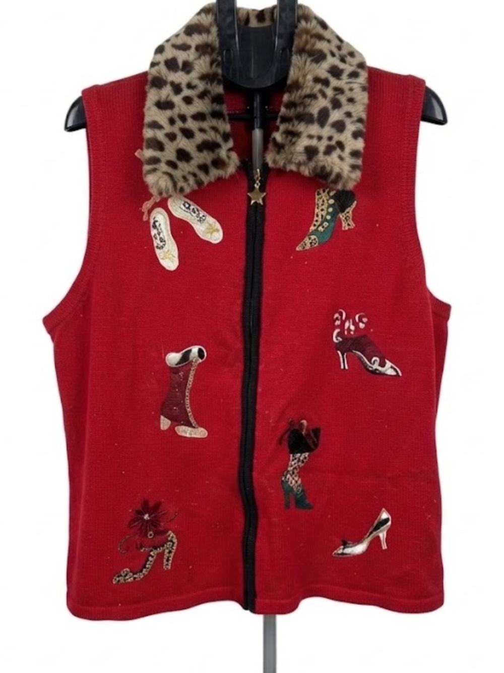 Merry & Bright  Y2K Christmas Ugly Sweater Vest Size 2X Red Leopard Collar